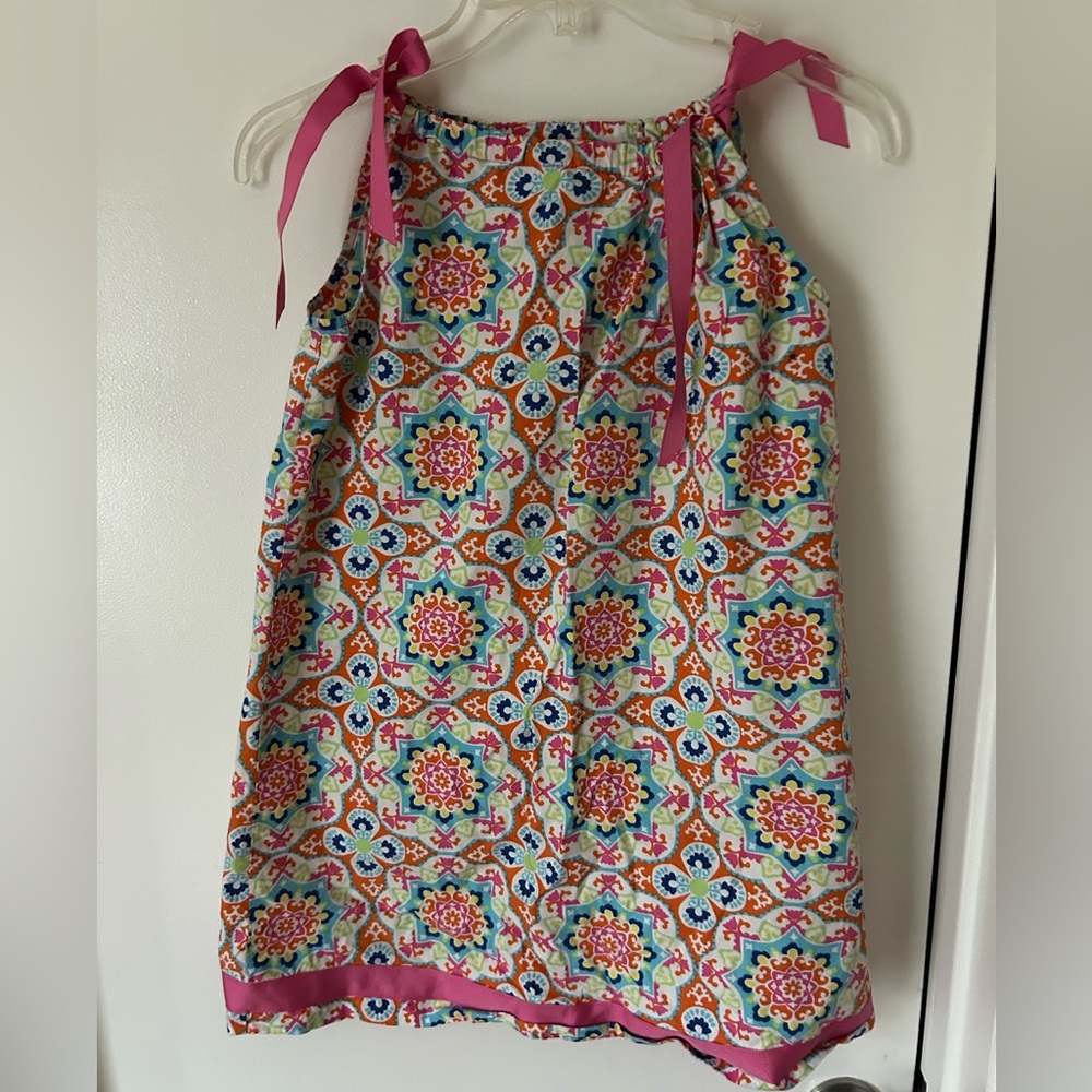 Hanna Andersson Multicolor Patterned Kids Dress with Pink Trim